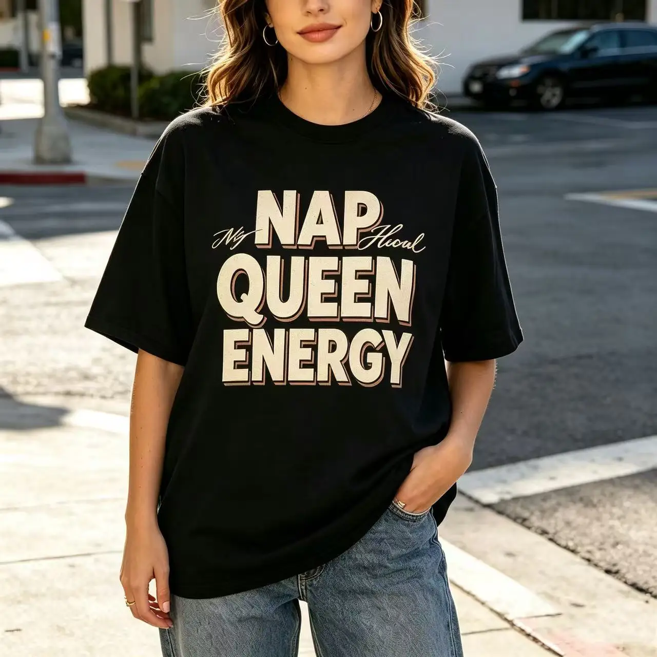 Unisex Nap Queen Energy Bold Letter Slogan Graphic T‑Shirt Men Women Vintage Text Print Oversized Crew Neck Loose Cotton Tee