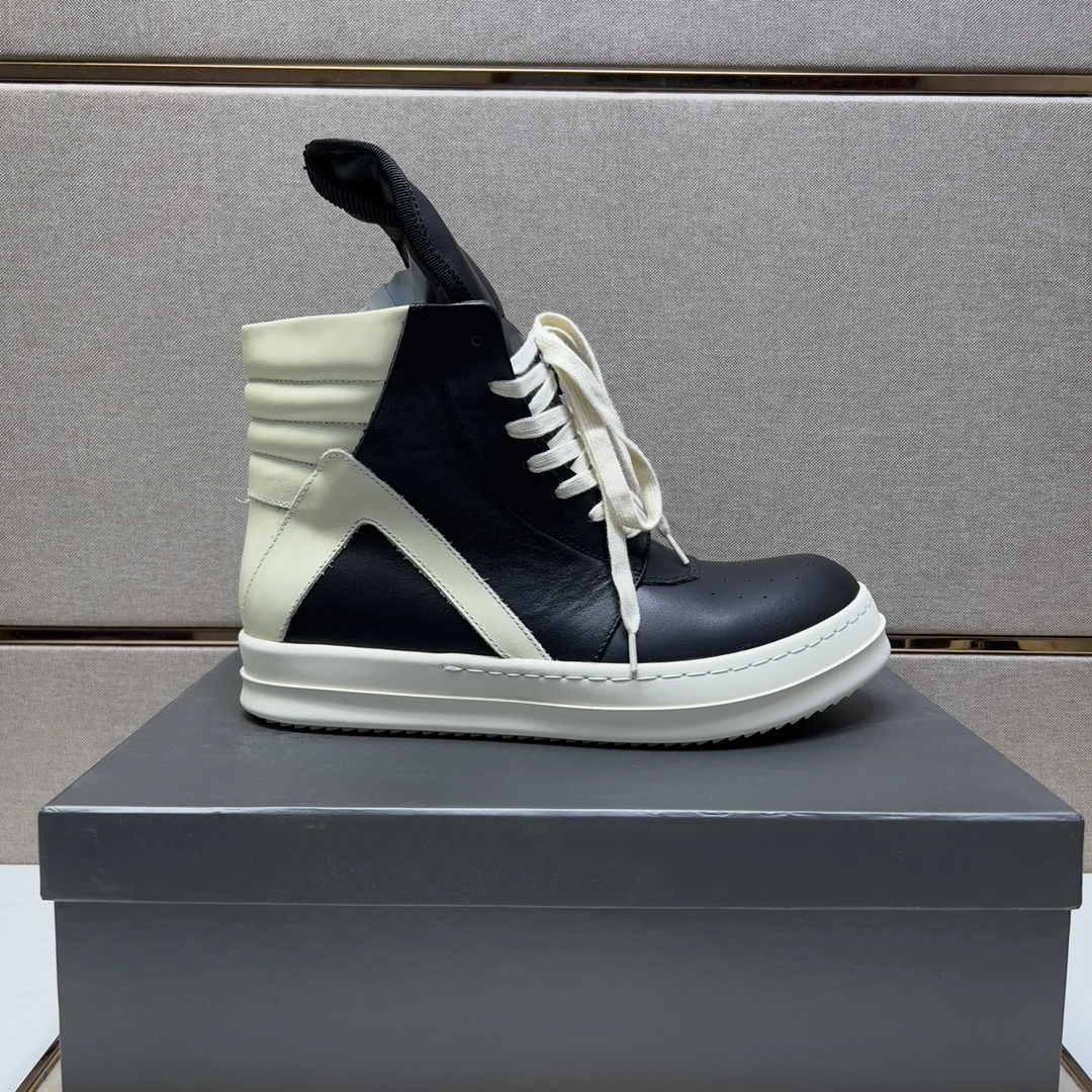 Men Genuine Leather High Top Sneakers Black White Contrast Color Thick Platform Sole Lace‑up Ankle Boots Streetwear Geobasket