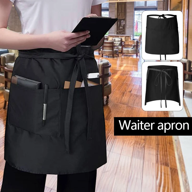 Waiter's Half-Length Work Apron - Black Cafe Kitchen Apron With Pockets For Baristas & Chefs 