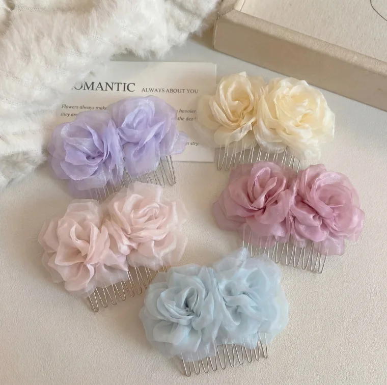 

Large Hair Comb with Light Color Organza Rose Flower for Women Large Size Bridal Hair Accessories Fashion Organza Rose Hairpins