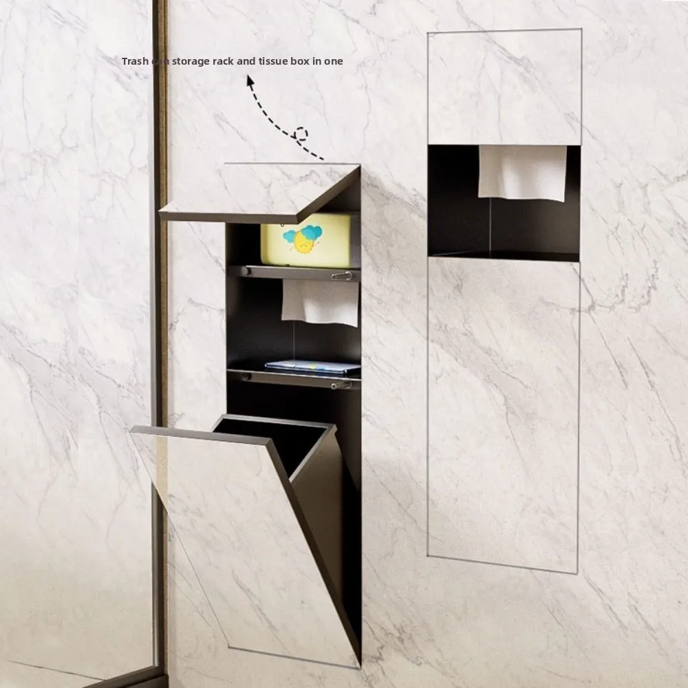 304 Stainless Steel Recessed Trash Can with Tissue Box for Bathroom Toilet Hidden Cabinet