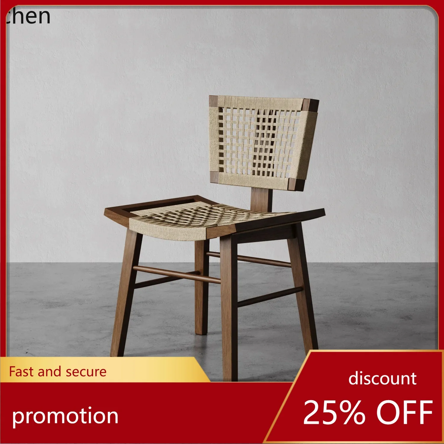 

LXC Wabi-Sabi Style Solid Wood Hemp Rope Dining Chair Home Vintage Chair Hotel Restaurant Rope Woven Chair