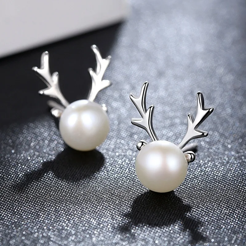 Simple Feminine Small Elk S925 Sterling Silver Stud Earrings Featuring Silver Pearl Animal Antlers Jewelry For Girls And Women