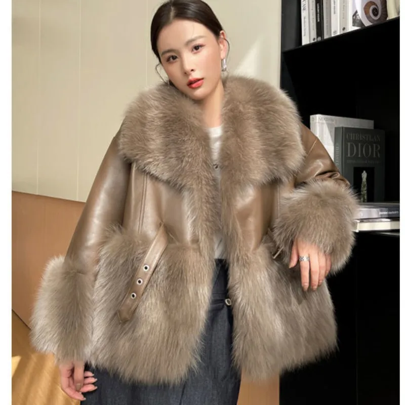 2022 Winter Women\'s Luxury Faux Fur Jacket Korean Lady Graceful Loose Warm Thick PU Leather Coats Personality Outerwear Female