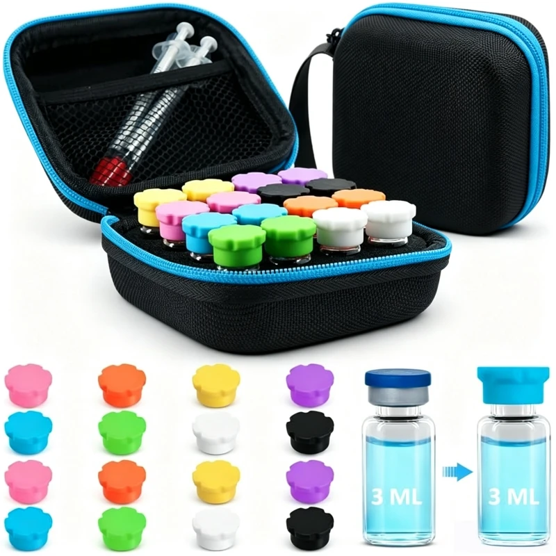 16-Fächer 3ml Peptid-Fläschchen Aufbewahrungsbox mit Mehrfarbigen Silikonkappen Tragbare EVA-Hülle für Kühlschrank Labor Zuhause Diabetes Insulin-Kit – Detail 2