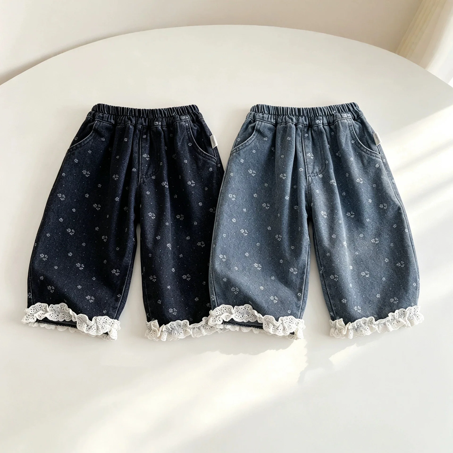 2026 Autumn New Children Denim Trousers Girls Lace Floral Jeans Fashion Casual Pants Kids Loose Trousers Baby Clothes