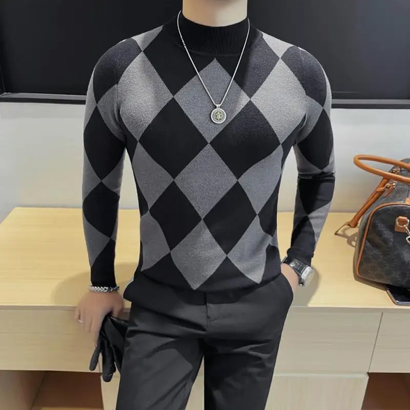 Mock-neck Slim-fit Plaid Men's Fashion Base Shirt Autumn and Winter New Products Stretchable Warm Pullover