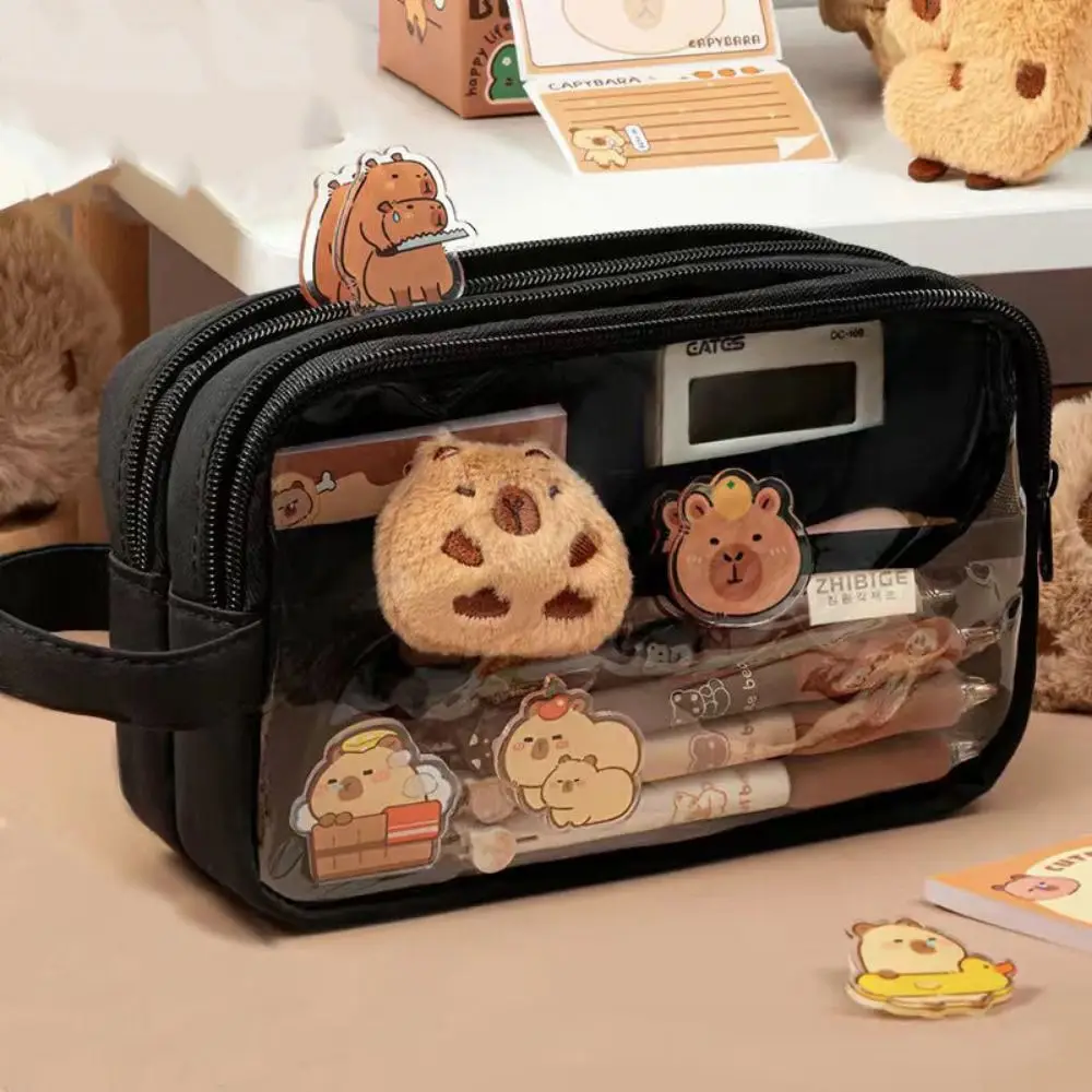 

Creative Capybara Pen Case Large Capacity 5 Layers Cartoon Pencil Box Transparent with Front Pocket Zipper Pencil Pouch