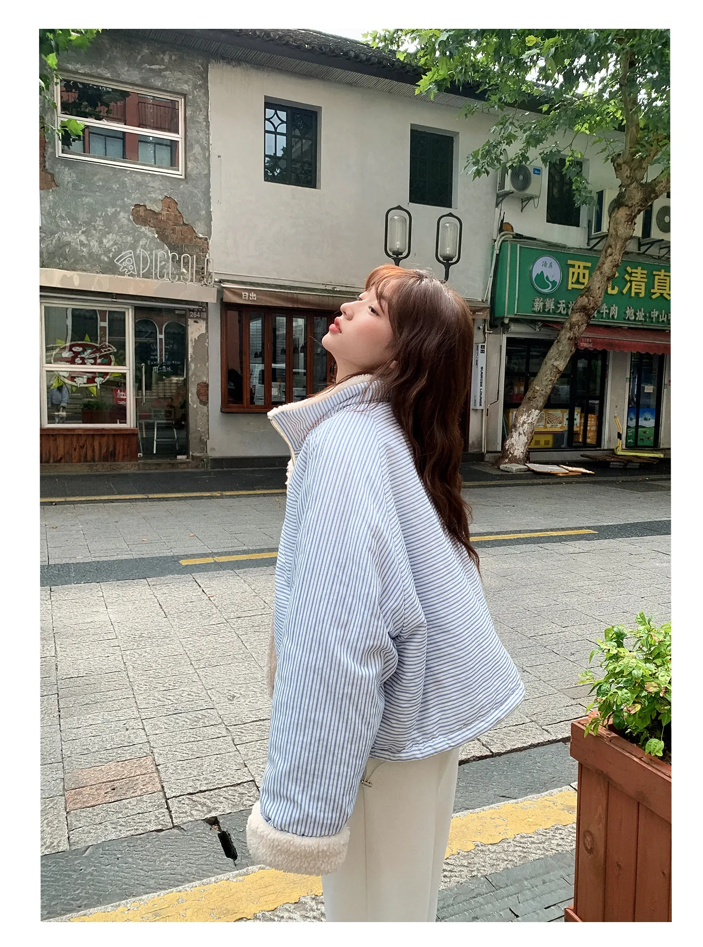 Korean Women's Reversible Striped Jacket Autumn Winter Stand Collar Fleece Lined Padded Coats Woman Loose Casual Plush Jackets
