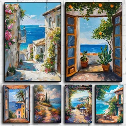 Mediterranean Seaside Window View Coastal European Landscape Poster Canvas Painting Aesthetic Wall Art Pictures Home Decor