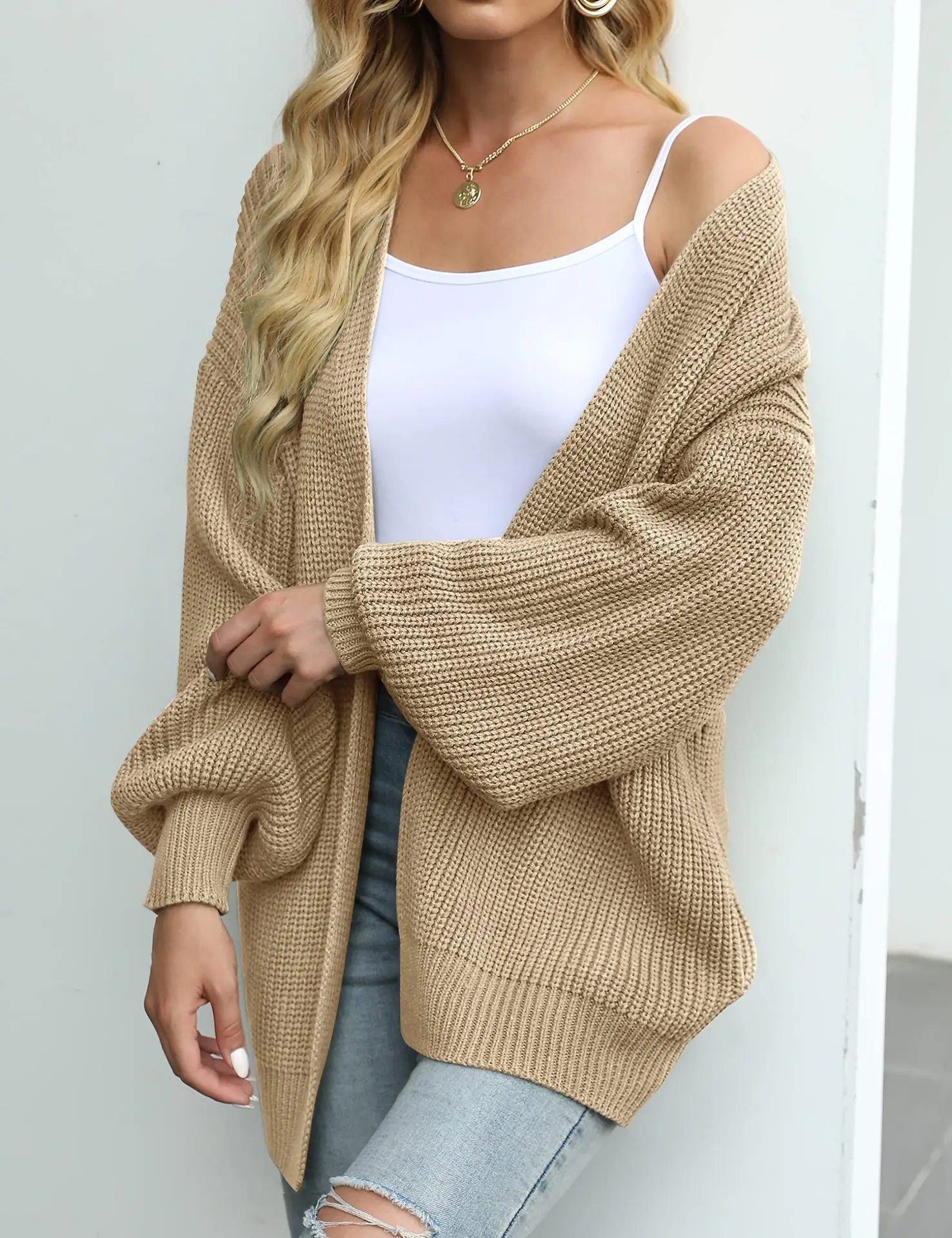 Women\'s lantern sleeve thick needle cardigan 2024 autumn and winter new item solid color pocket knitted sweater women\'s coat