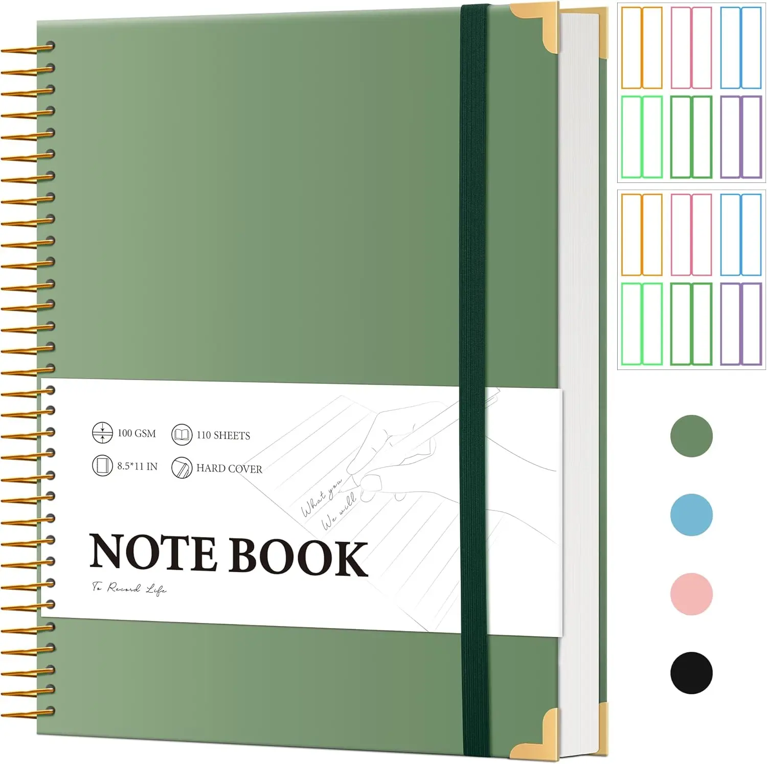

A4 Hardcover Spiral Notebook College Ruled 8.5x11 with Tab Stickers for School Work Writing, 220 Pages, Green