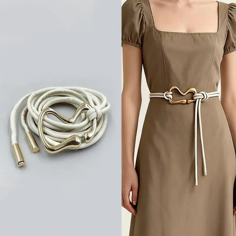 عادية بولي Leather جلد المرأة رقيقة حزام طويل الذهبي مشبك سلسلة حزام خصر حبل معقود معطف على شكل ثوب حزام الخصر