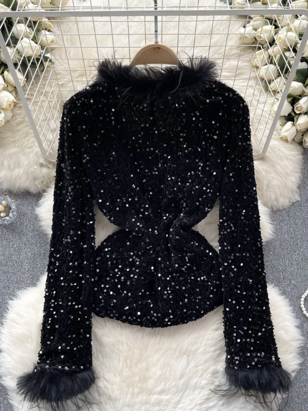 Nomikuma Fashion Elegant Sequins Velet Coat Women Spring 2024 New Slim Korean Fur Patchwork Cardigan Shawl Spicy Girl Y2k Top