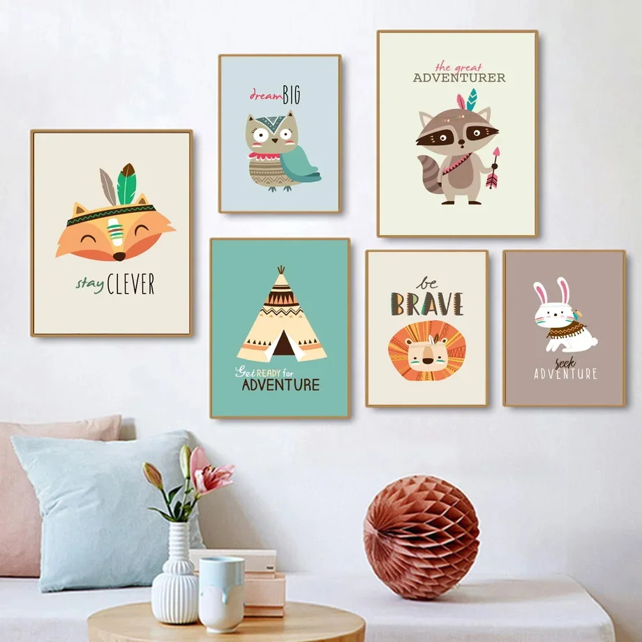 

Nordic Posters and Prints for Kids Room Decor Canvas Painting Wall Art, Pictures, Rabbit, Lion, Fox, Owl, Raccoon, Feather, Tent