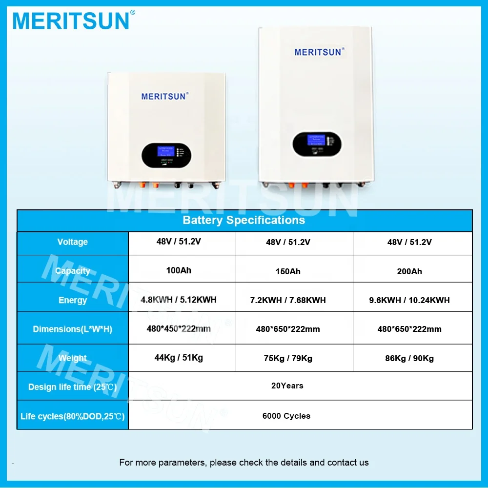 MERITSUN 10kw Lifepo4 Battery 48V 200ah Power Energy Wall 48V 50ah Lithium Battery Pack For Home Energy Storage System view 3