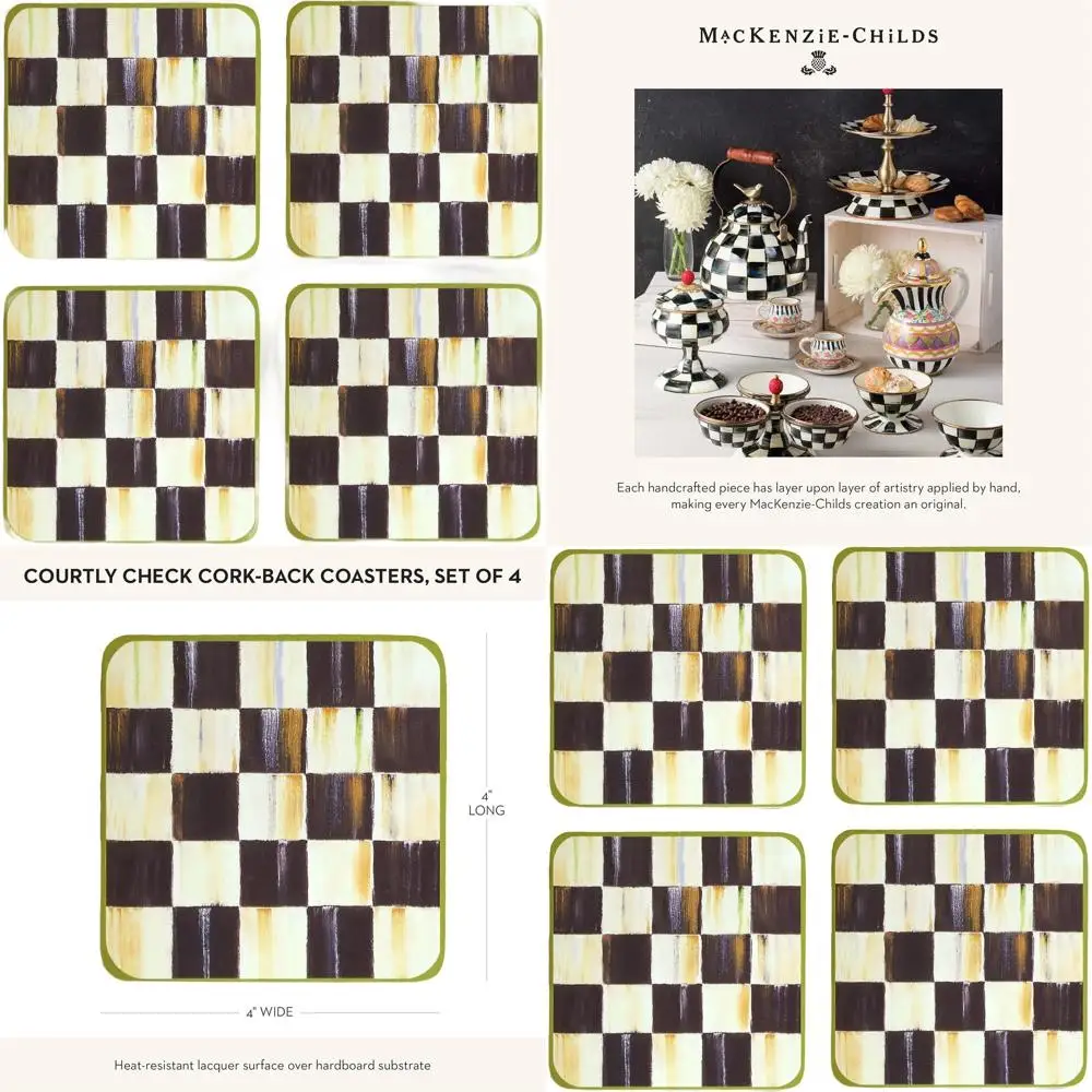 

Набор из 4 черно-белых квадратных подставок в клетку, подставки для напитков с пробковой спинкой