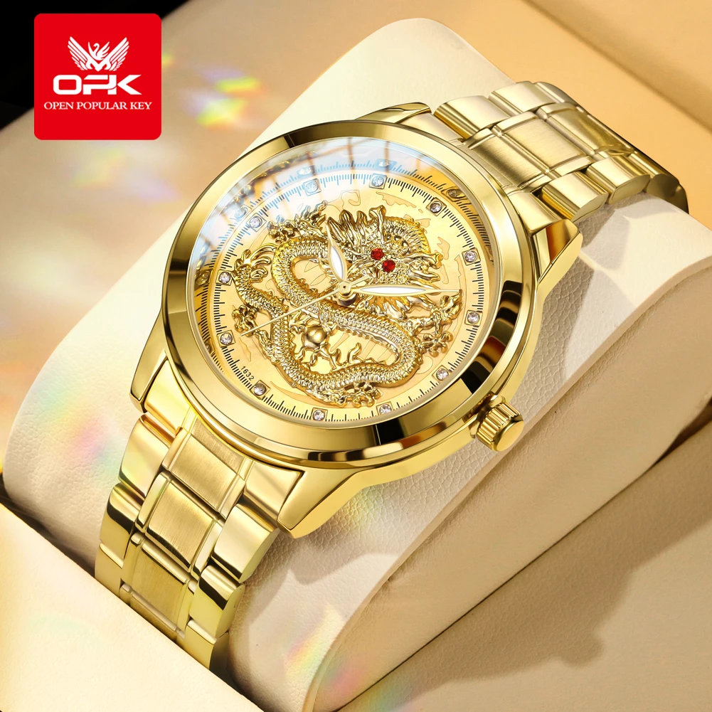

Мужские часы OPK 8111, золотые, оригинальные, кварцевые, из нержавеющей стали, с драконом, с указателем даты, водонепроницаемые, светящиеся в темноте.