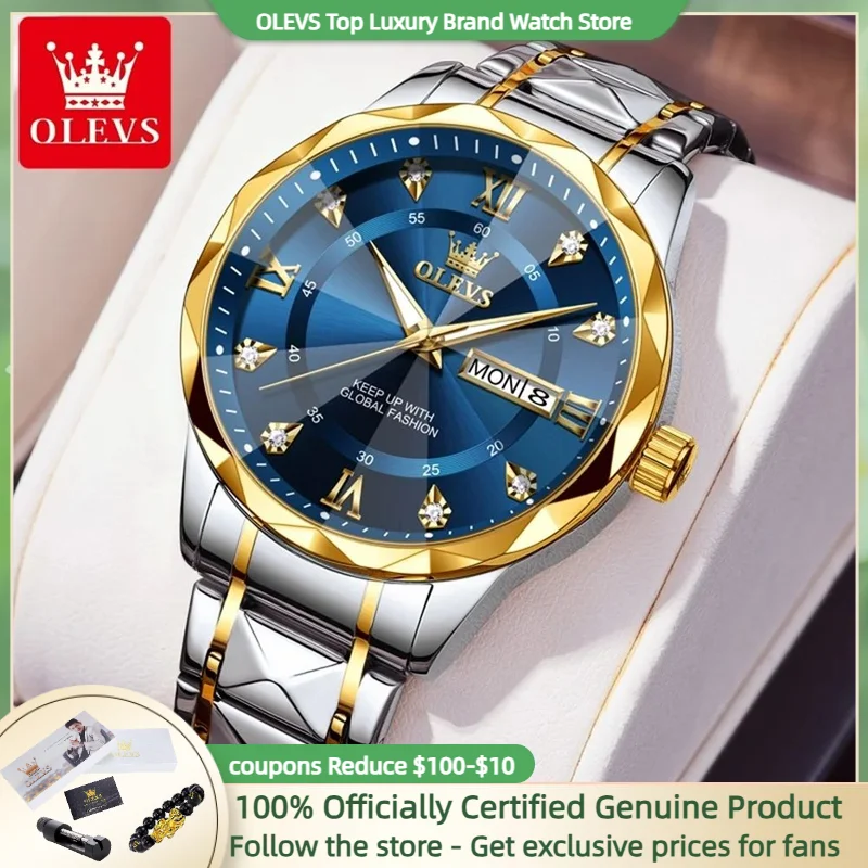 OLEVS Rhombus Design Quartz Watches for Man Dual Calendar Display Luminous Stainless steel Strap Diamond Dial Male Wristwatches