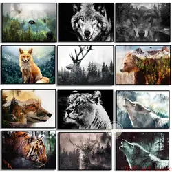 Nordic Landscape Forest Bear Fox Wolf Deeer Eagle Posters Print Wall Art Canvas Painting Abstract Animal Wall Picture Home Decor