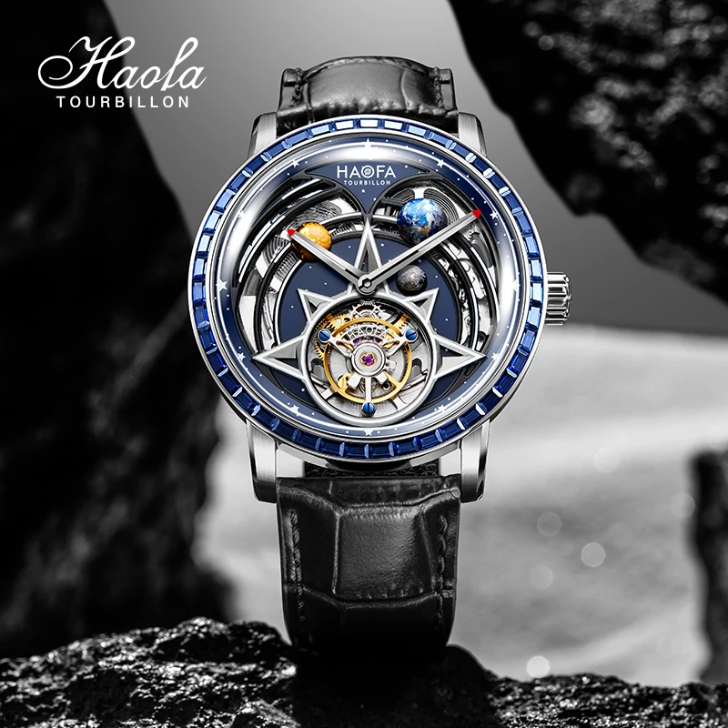 Haofa Automatic Flying Tourbillon Watch for Men Zircon Bezel Luminous Universe Interstellar Mens Watch Double Spring Drives 2269