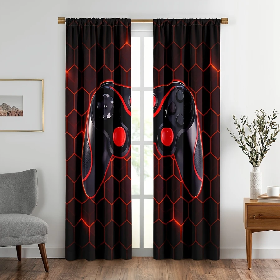 2PCS Digital Print Sheer Curtain, Dark Red Game Console, Rustic Farmhouse Window Treatment Drape for Bedroom Kitchen Decor