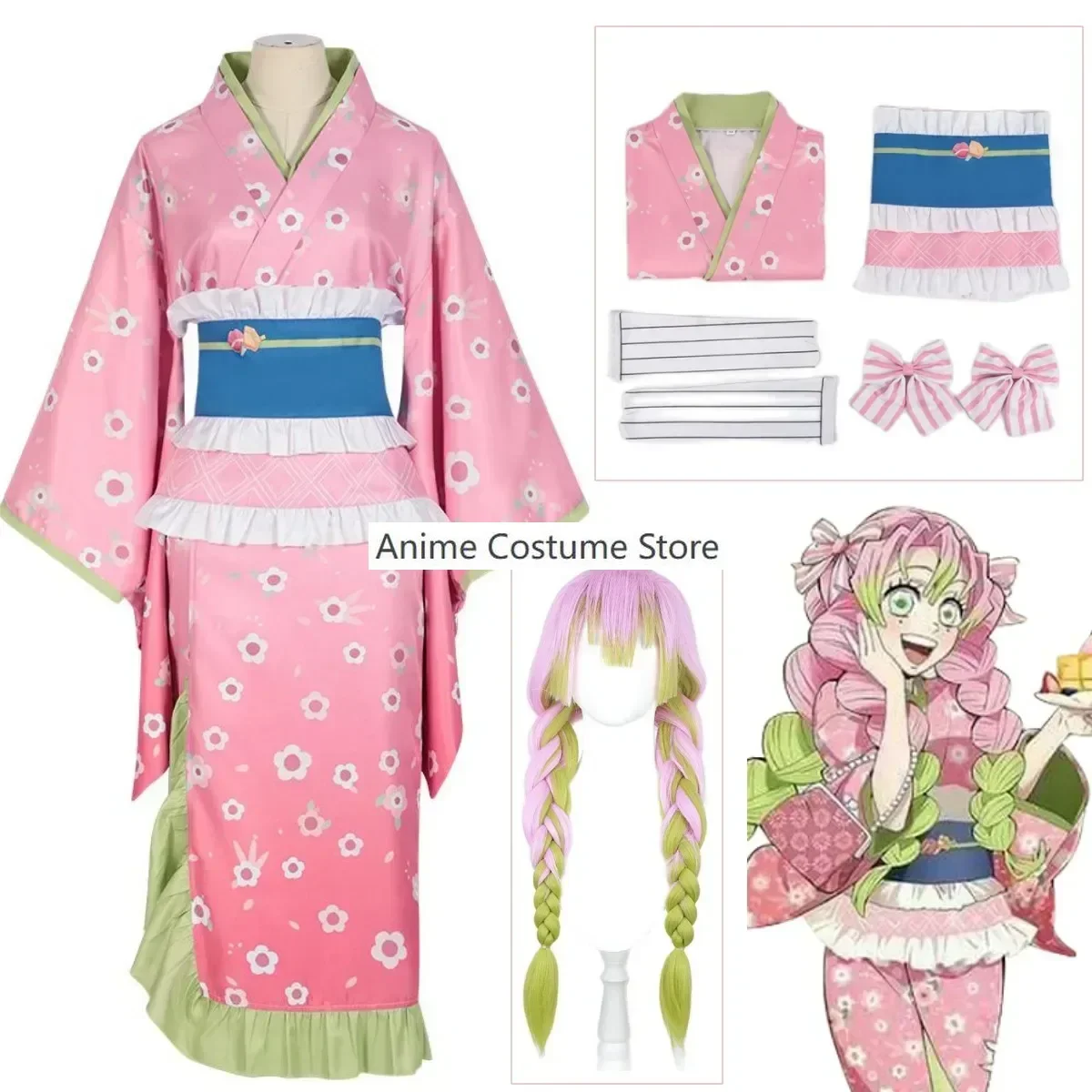 New Fashion Kanroji Mitsuri Cosplay Costume Pink Kimono Dress Outfits Halloween Carnival Party Disguise Women Suits