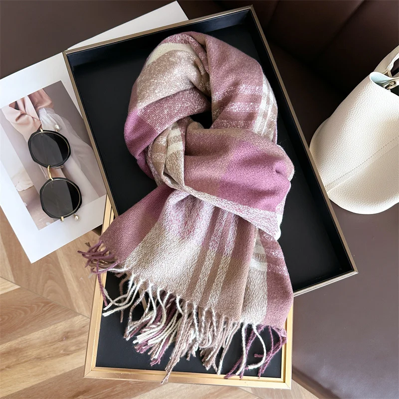 Imitation Cashmere Gradient Plaid Warm Shawl Winter Fashion Versatile Tassel Women Scarf Pashmina Wrap Neckerchief