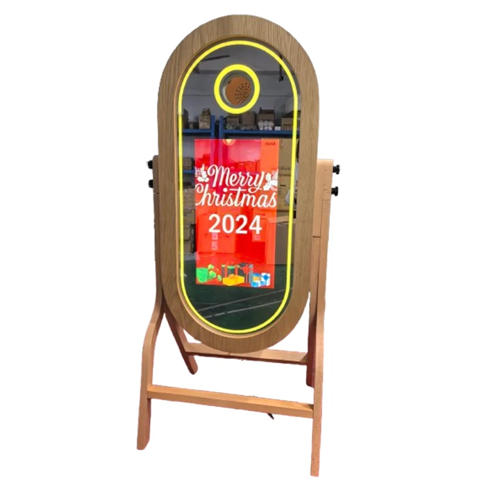 

Retro Wood Mirror Photo Booth 21.5 Inch High Quality Mirror Magic Round Selfie Oval Led Frame for Events