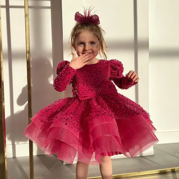 

Kids1st birthday party sequin red children's dress girl long sleeved shiny bow princess tutu baby wedding Dresses