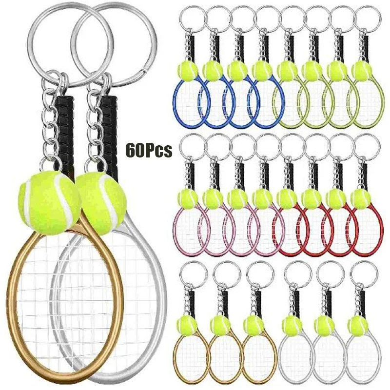 60Pcs Mini Tennis Racket Keychain with Tiny Tennis Ball, Tennis Key Ring Charms, Sports Souvenir Gift for Tennis Lovers