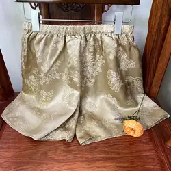 Women's Solid Color Summer New Chinese Style Retro Chic Satin Printed Elastic Loose All-match High-waist Casual Wide-leg Shorts