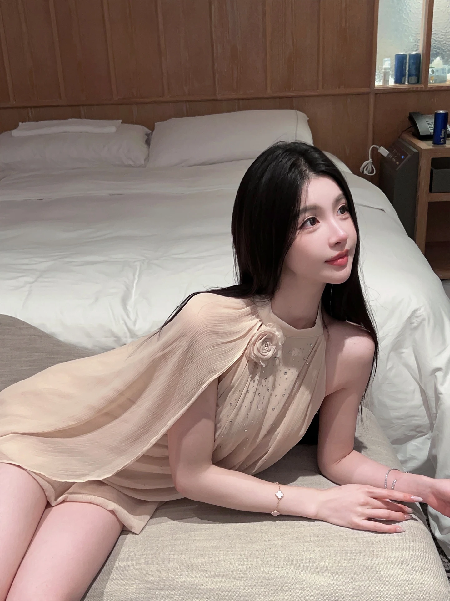 

FairyJiang Summer Bead-Embroidered Peach Color Off-Shoulder Women's Shawl-Style Blouse Elegantly Designed Neck Hanging Silk Top