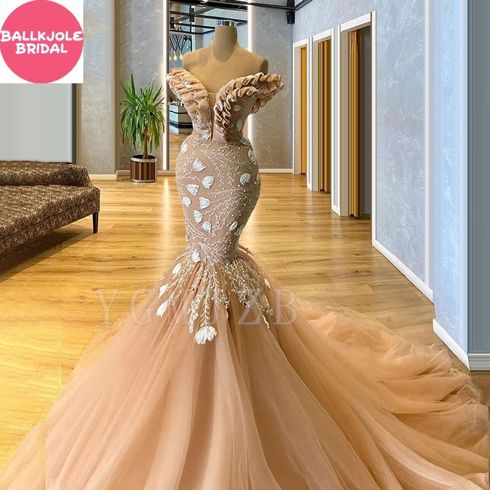 Off Shoulder Evening Dresses Long Luxury 2025 Mermaid Bead Lace Champagne Elegent Formal Prom Gowns Celebrity Special Occasions