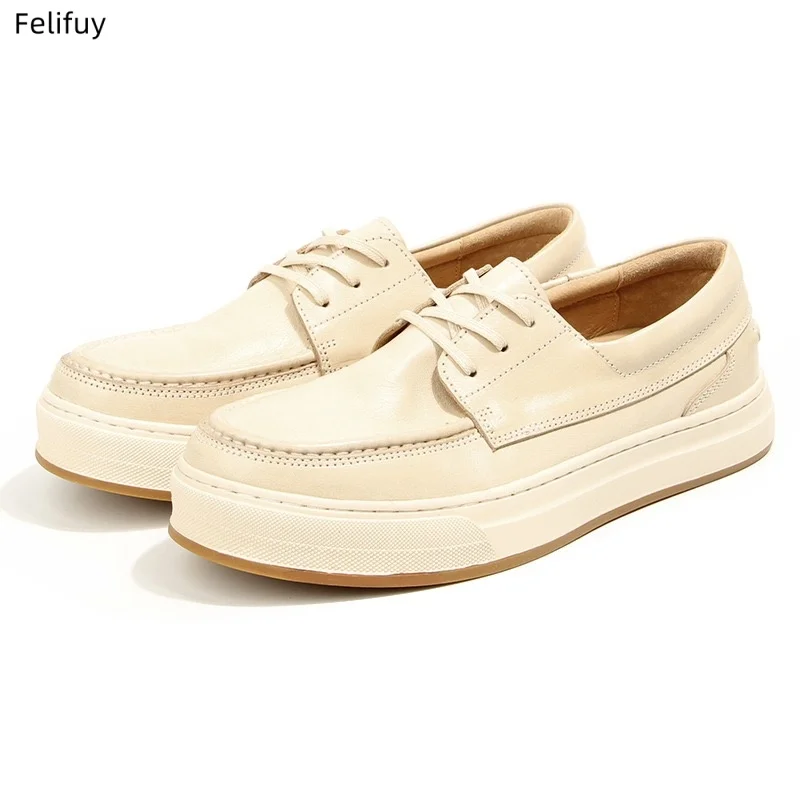 Beige Men's Casual Shoes Genuine Leather Casual Footwear with Cushioned Insole Casual Sneakers for Office & Daily Wear 38-44