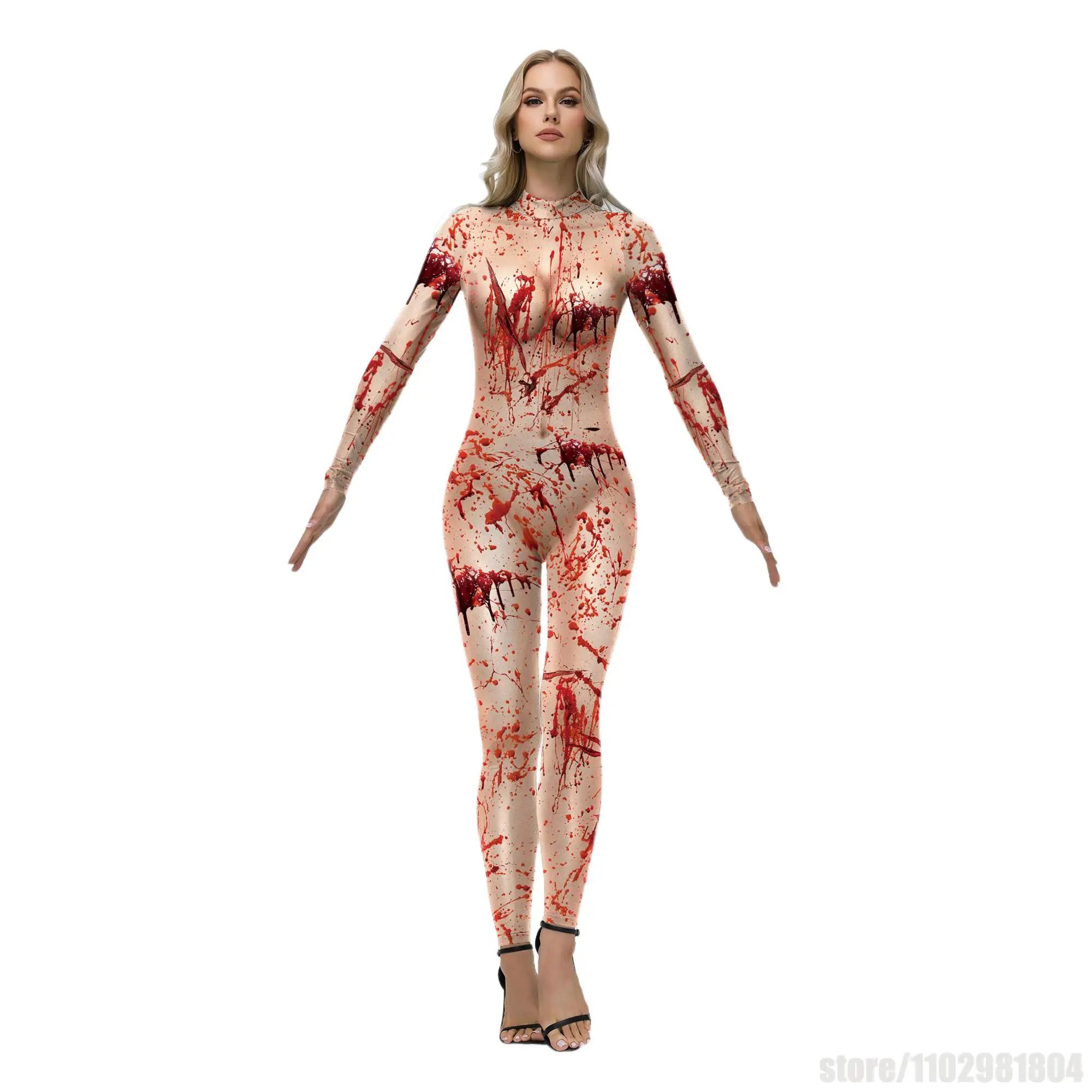 血まみれの吸血鬼ボディスーツ ハロウィン ゾンビ コスプレ衣装 カーニバル ゼンタイスーツ レディースジャンプスーツ 死者の日パーティー服