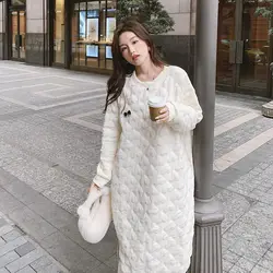 Winter Quilted Dress Loose Soft Love Embossing Simple Casual Fashion Beige O- Neck Long Sleeve Sweatshirt Dress For Women Z2313