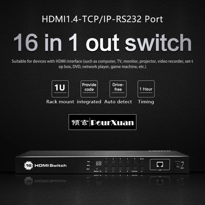 

4k video hdmi switch 5 In 1 Out HDMI Splitter 16X1 switcher with ir remote RJ45 RS232 control Timed loop automatic Switcher 1U