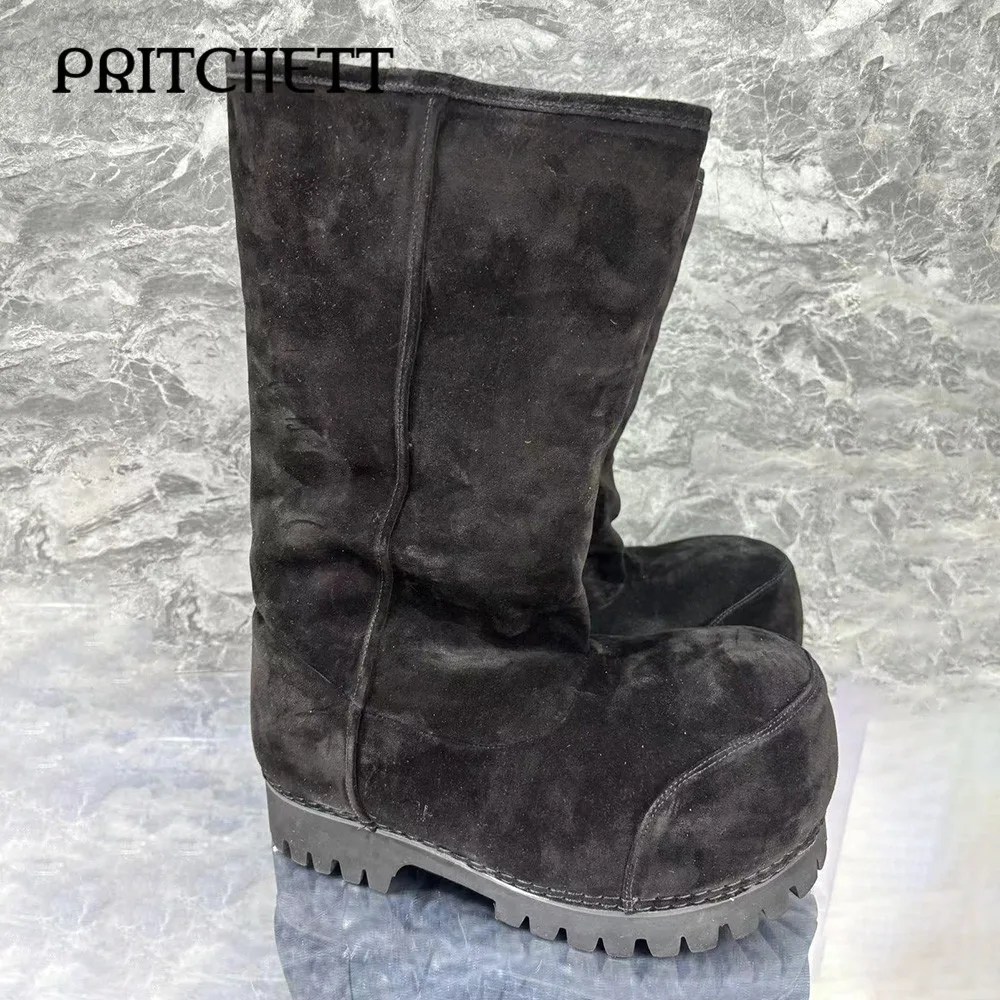 Black Suede Big Toe Boots Round Toe Square Root Personality Knee-High Boots Casual Large Size Trendy Fashion Men's Boots