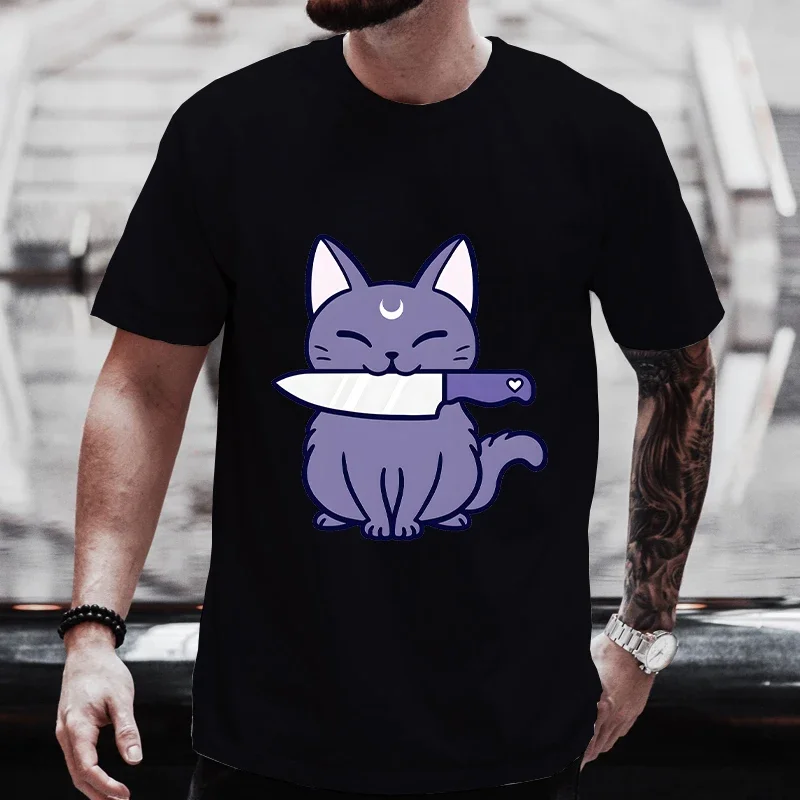 

Spooky Knife Kitten Tee Shirt for Men Halloween Party T-shirts Scary Season Graphic Short Sleeve Tshirts Fashion Casual Tops