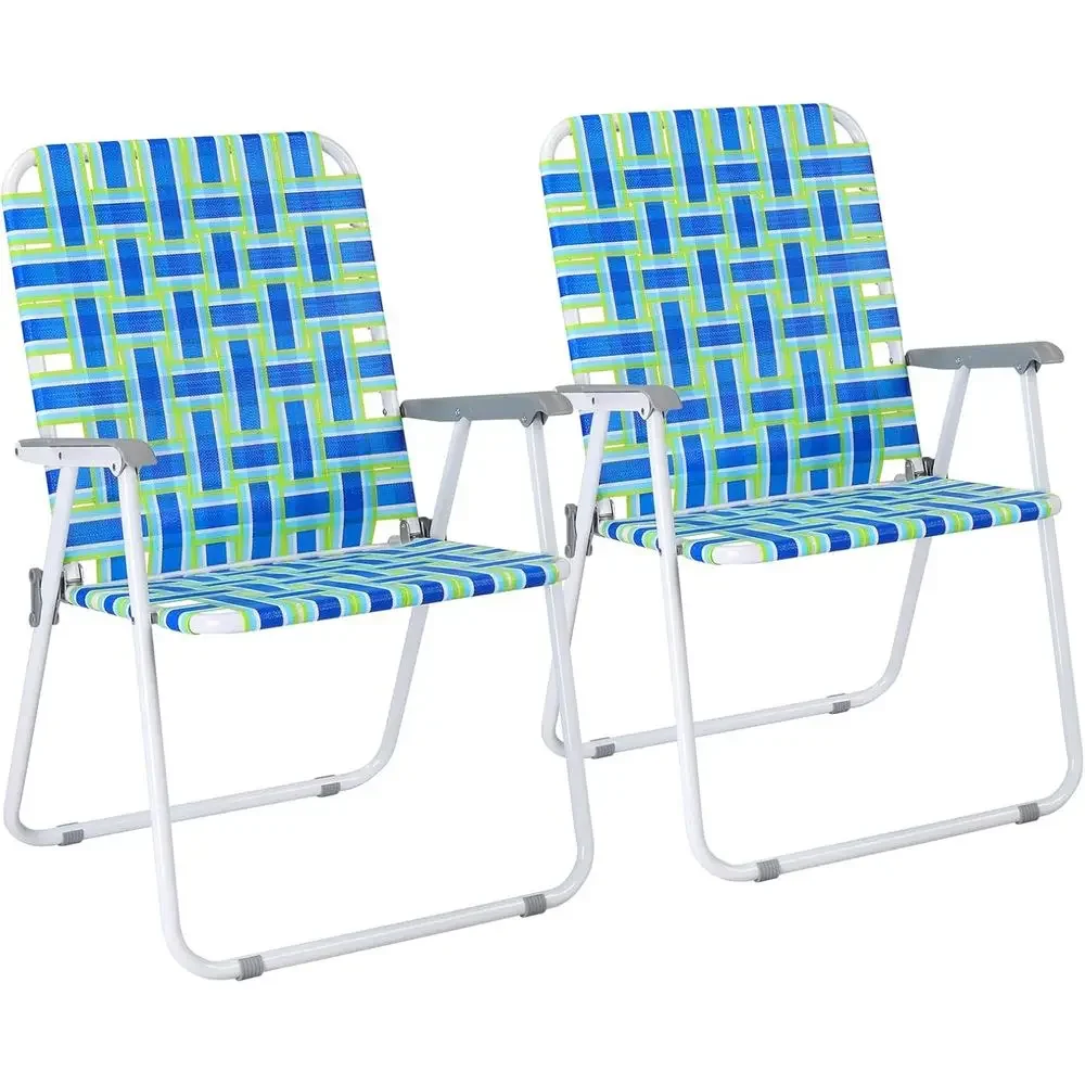 Blue Oversized 2-Piece Patio Lawn Webbing Chairs Set, Outdoor Beach Portable, Ideal for Camping or Garden