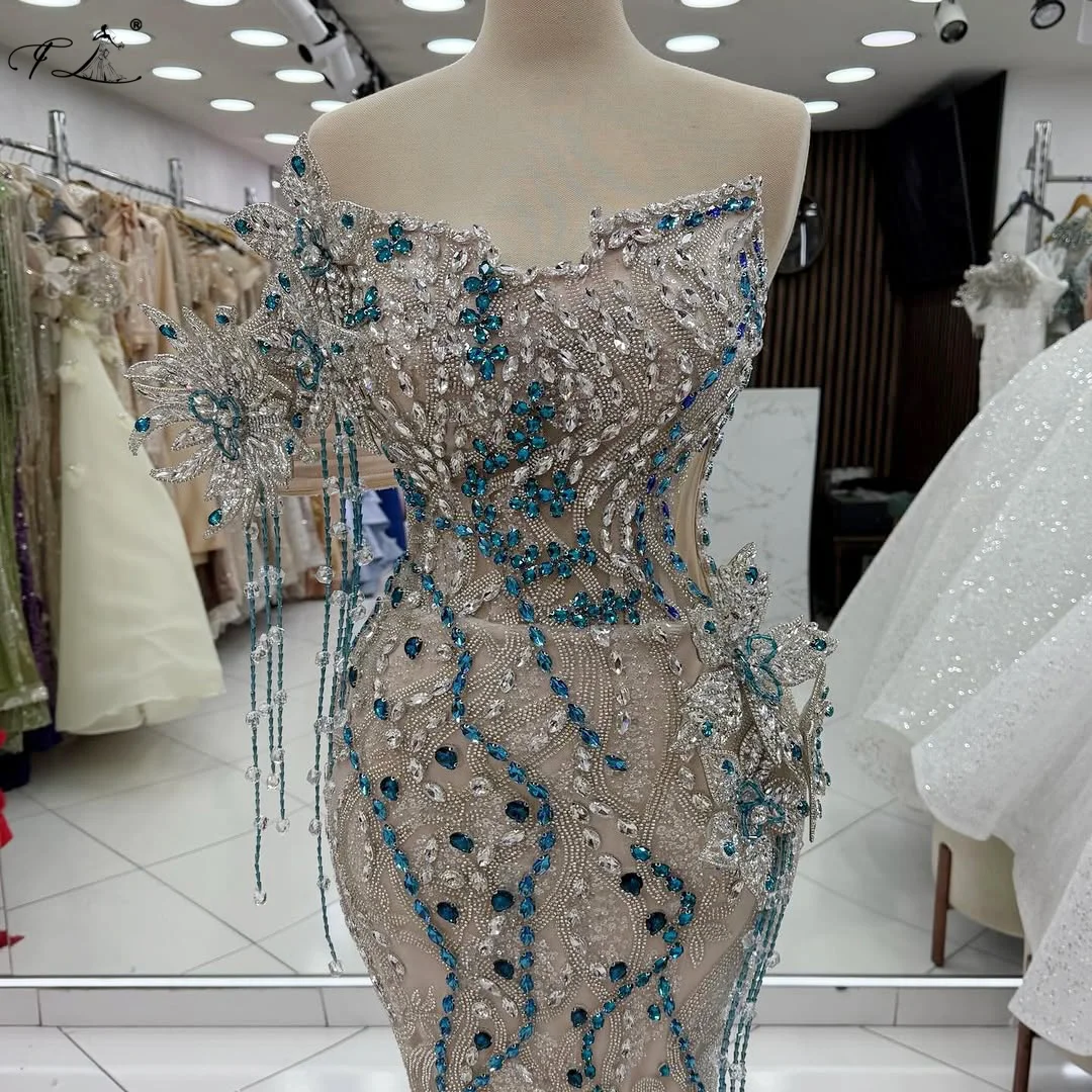 Crystal Flower And Tassel Evening Gowns Champagne Cocktail Dress Prom Dress Strapless Mermaid Gown Custom-Made Celebrity Gowns