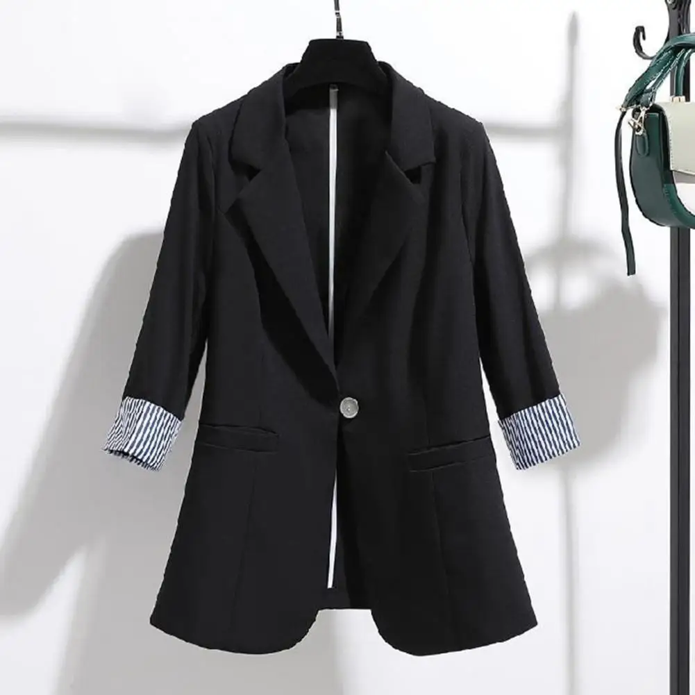 Striped Edge Pattern Suit Coat Elegant Women's Mid-length Suit Coat with Three-quarter Sleeves Single Button Closure for Formal