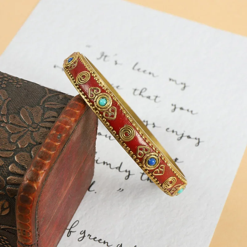 Vintage Tibetan Style Bangles for Women Men Inlaid Turquoise Jewelry Handmade Pure Copper Bracelets Exotic Ethnic Accessories