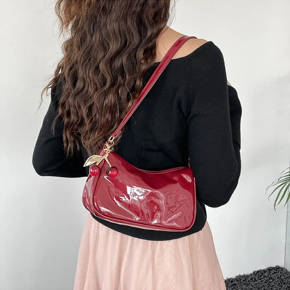 

Fashion PU Leather Shoulder Bag with Cherry Pendant Casual Commuting Tote Bag Solid Color Elegant Underarm Bag Travel