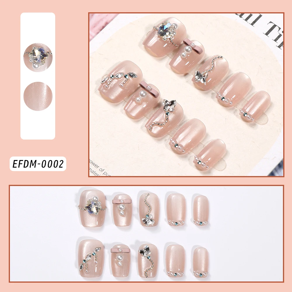 10pcs Short Square Handmade Press On Nails Crystal Butterfly/Pearl Removable&Reusable Fake Nails Glossy Cute Designs False Nails