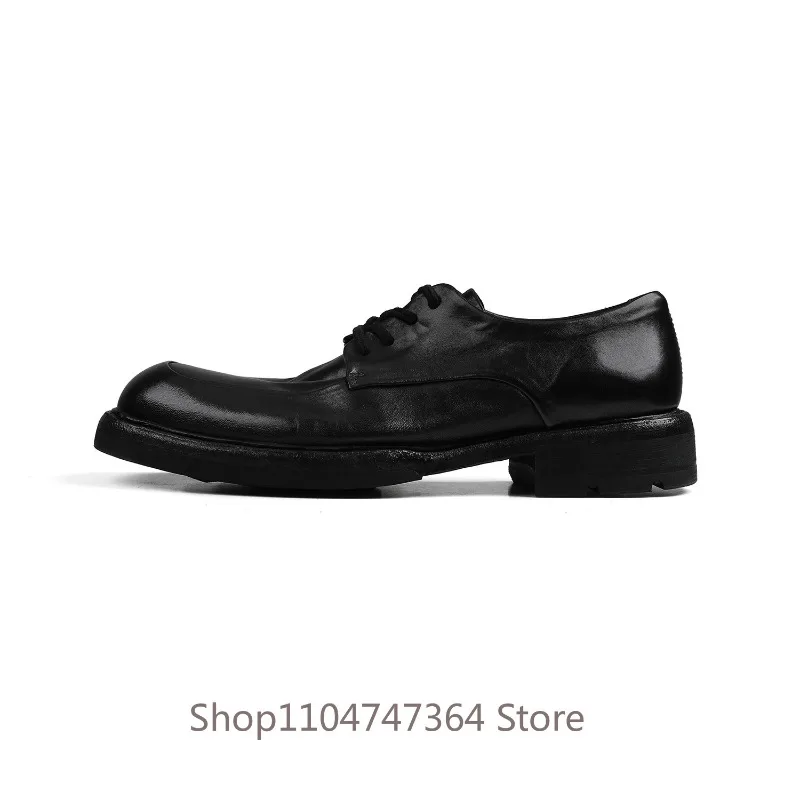 Handmade Vintage Washed Genuine Leather Men Shoes Black Round Toe Lace‑Up Thick Sole Casual Business Derby Oxford Shoes Male
