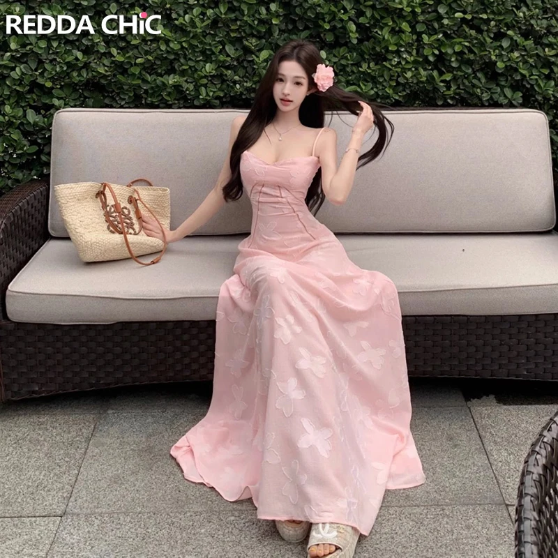 ReddaChic Abito lungo maxi da donna strutturato con fiori ricamati, cinturino per spaghetti, vestibilità svasata, abito da festa con lacci, abiti da sposa