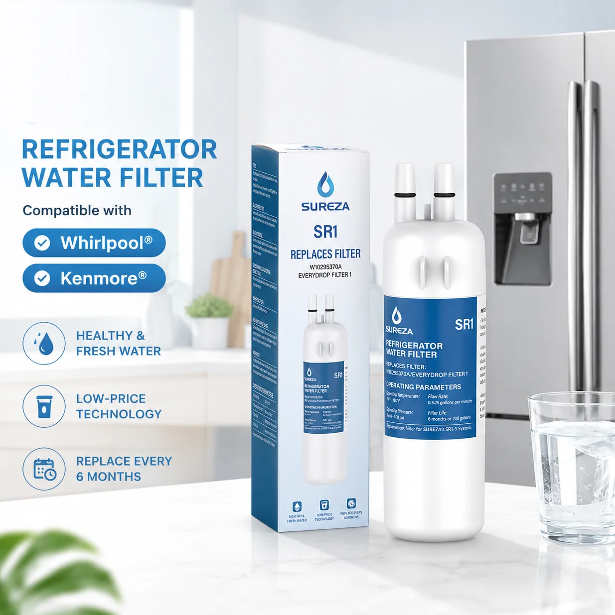 Cartucho de Filtro de Agua para Refrigeradores Whirlpool Kenmore - Compatible con W10295370 EveryDrop FILTER1, 6 Meses/200 Galones