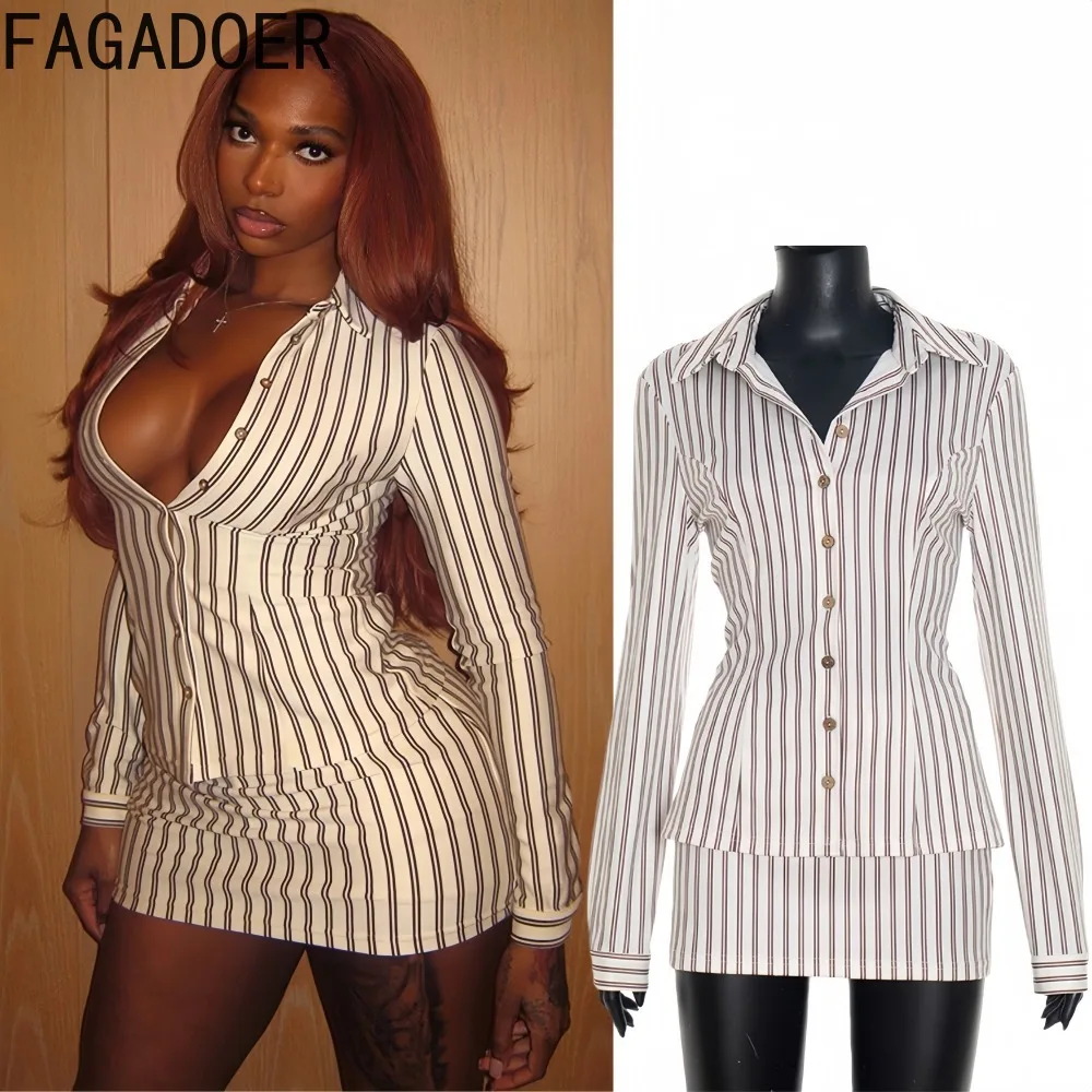 

FAGADOER Fashion Striped Print Two Piece Outfits Woman Solid Color Long Sleeve Top and Skirt Matching Female Streetwear Clothing